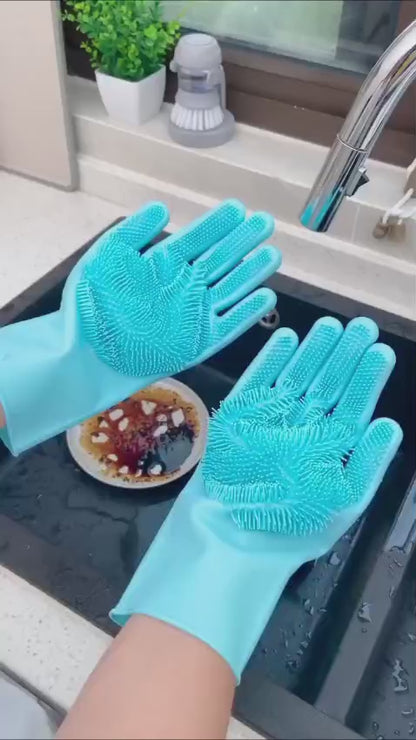 Magic Silicone Gloves with Scrubber, Dish washing and Heat Resistant for Kitchen and Household Cleaning (1 Pair: Right + Left Hand)